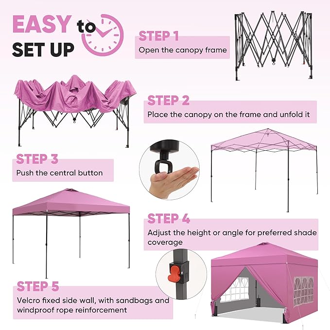 GDY 10x10 Pop Up Canopy Tent with 4 Sidewalls, Easy Set up with One Push Lift Outdoor Silver Coated Beach Gazebos, Carpas with 4 Sandbags, for Pool, Events, Parties, and Camping, Pink.