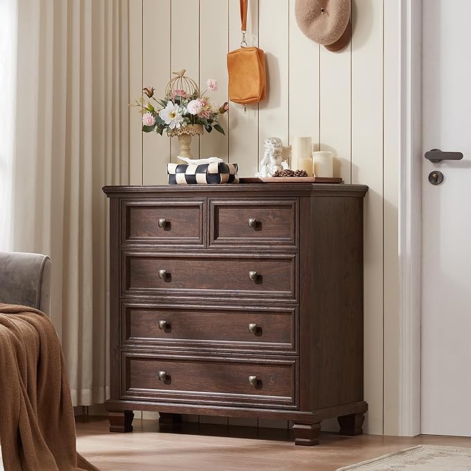 Farmhouse Bedroom Dresser and Nightstand Set of 4, 6 Drawer Tall & 5 Drawers Dresser & 2 Drawer Nightstand Set, Rustic Wood Furniture Set for Bedroom, Hallway, Walnut