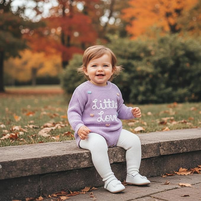 Lesimsam Newborn Baby Boy Girl Valentines Day Outfit Oversized Embroidery Long Sleeve Knit Sweater Bubble Romper Bodysuit