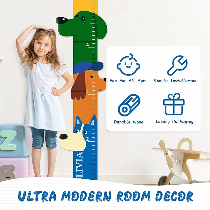 Personalized Name Growth Chart for Wall, Big Ear Dog Wood Height Chart for Kids, Height Measurement Growth Measuring Ruler, Thoughtful Birthday Gift for Boys and Girls