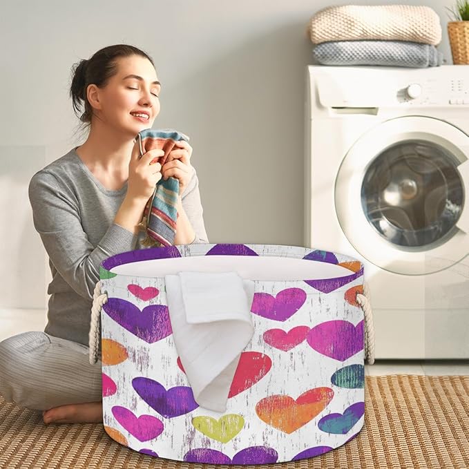 Colorful Hearts Pattern Round Storage Basket for Laundry & Toys, Lightweight Fabric Laundry Hamper with Handles, Foldable Large Organizer Bin for Bedroom Bathroom Nursery Dorm