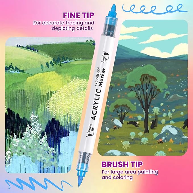 Acrylic Paint Markers, 12 Colors Dual Tip Acrylic Paint Pens, Water-Based No-Bleed Markers with Automatic Ink Control System, Bullet & Brush Tip, Works on Paper, Wood, Ceramic, Rock,813-12pcs