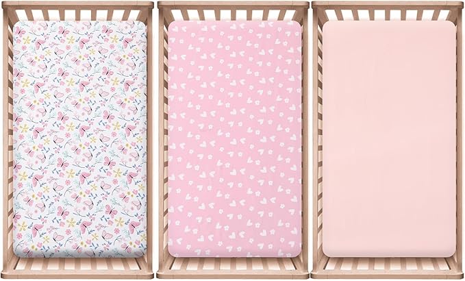 PHF 3 Pack Soft Butterfly Crib Sheets Fitted, Comfy Breathable Baby Sheets for Girls, 28x52 Inches Fits Standard Crib and Toddler Mattresses, Butterfly