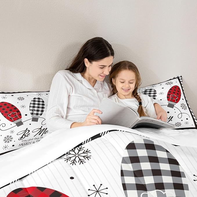 Merry Christmas Kids Comforter Set Queen Size,Geometric Grids Stylish Bedding,Girls Boys Adults Bedroom/Xmas Cabin Decor,Snowflake Bells Down Comforter,Rustic Farmhouse Duvet Insert,2 Pillowcases