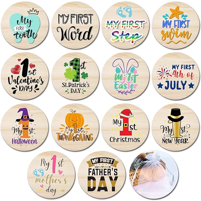 Baby First Holiday Milestone Cards, 7 Pack Double Sided Wooden Baby Milestone Signs for Newborn Girl or Boy, Baby Shower Cards Come with Organza Gift Bag (First Special Moments)