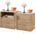 LEYAOYAO Fluted Farmhouse Nightstand Set of 2 with Charging Station, 23" Wide 2 & 3 Drawers Large End Table with Metal Handle, Natural Night Stand Bedside Table, Wood Dresser for Bedroom,Closet