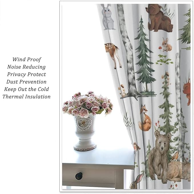Animal Kids Curtains, Woodland Squirrel Rabbit Bear Animal Friends Forest Curtains for Boys and Girls Bedroom Living Room Kitchen 52x84in