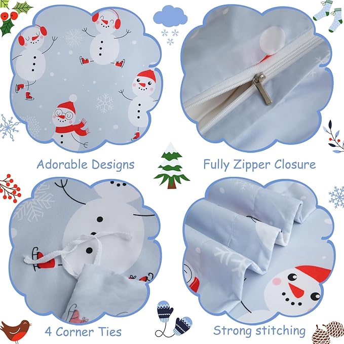 JSD Snowman Kids Duvet Cover Set Full Size, 3 Piece Blue Printed Christmas Microfiber Comforter Cover with Pillow Shams Zipper Closure, Comforter Not Included