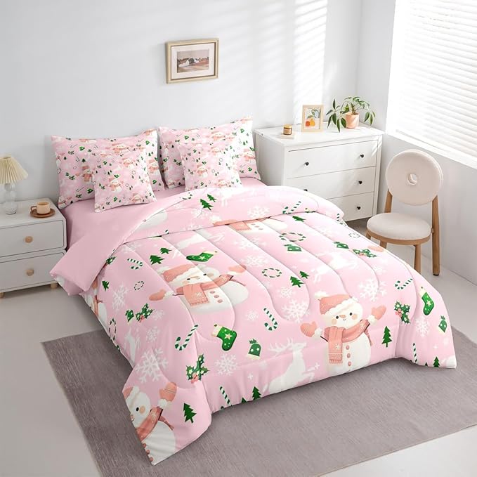 Feelyou Pink Christmas Comforter Set King Size 7 Pieces Cartoon Deer Snowman Bedding Set for Kids Boys Girls New Year Pink Bed in a Bag Reversible Xmas Decor Bedroom Quilted Breathable Soft