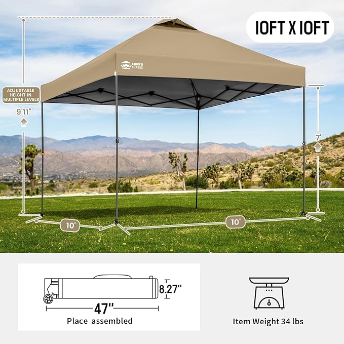 CROWN SHADES Adjustable Height on The Fly, 10x10 Pop Up Canopy - Beach Tent with One Push Setup - Easy Outdoor Sun Shade for Events, Parties, Camping - Outside Shade with STO-N-Go Bag, Khaki