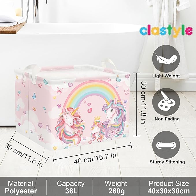Clastyle 36L Pink Unicorn Rainbow Girls Storage Basket Collapsible Rectangle Clothes ToyBook Shelf Basket for Kid Room Nursery