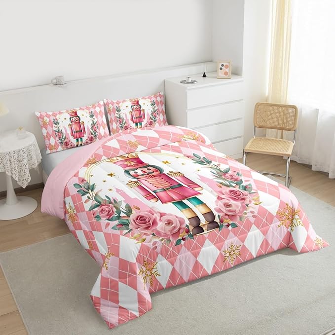 Feelyou Christmas Comforter Set King Size Pink Nutcrackers Bedding Set for Kids Boys Girls Rhombus Pattern Duvet Quilt Floral Bedroom Decor Snowflake Microfiber 3 Pcs with 2 Pillow Cases