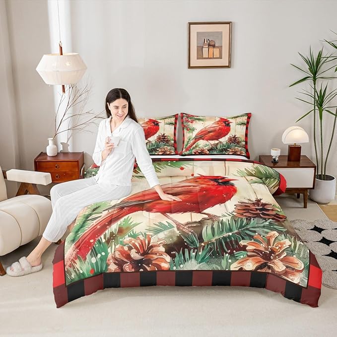 jejeloiu Kids Red Cardinal Comforter Set Twin Size Christmas Red Black Plaid Bedding Set for Boys Girls Teens Xmas Birds Winter Rustic Wood Plank Animal Duvet Quilt Room Decor