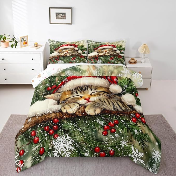 Xmas Cat Kid Comforter Set Twin Size,Snowflake Holly Berry Winter Bedding Set Boy Girl Room Decor,Christmas Poinsettia Animal Quilt Comforter,Green Yellow Duvet Set Bedroom Quilt Set,1 Pillowcase