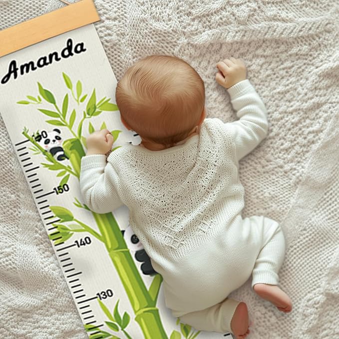 Personalized Name Height Chart for Kids, Kids Growth Chart for Wall, 59" X 7.9" Canvas Removable Height Chart Measuring Ruler for Kids & Baby(Painted Bamboo and Panda）