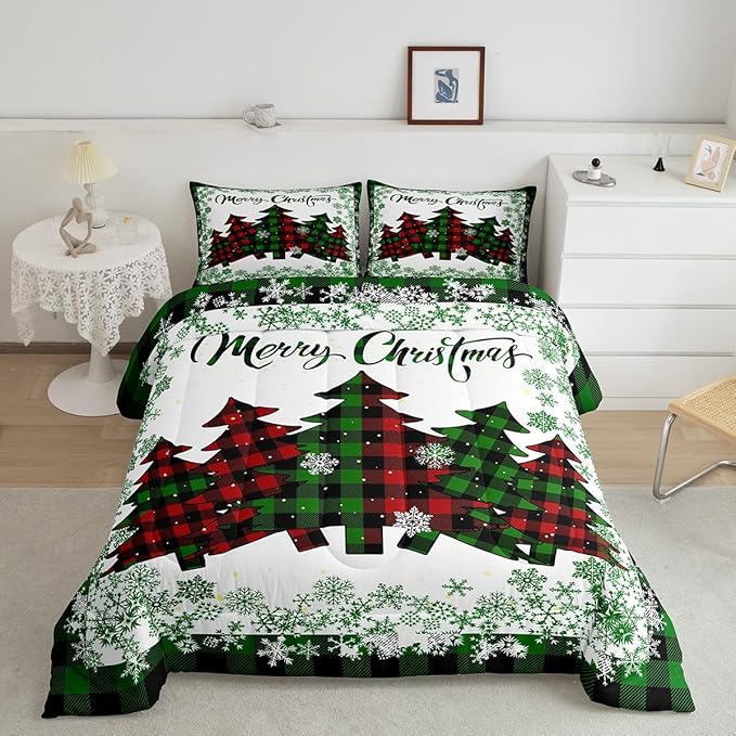 Castle Fairy Christmas Comforter Set Queen Size,Pine Trees Green Snowflake Glitter Shiny Bedding Set for Women Adult,Winter Festival Plaid Checkered Luxury Bed Duvet Insert, 2 Pillowcases