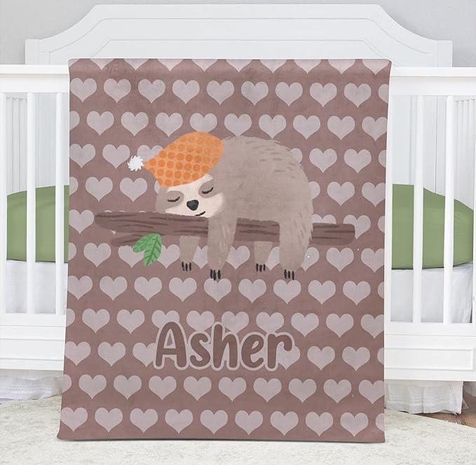Sloth Hearts Personalized Receiving Sherpa Fleece Baby Blankets for Girls Boys Kids, Swaddle Blankets Gift for Newborn Crib Infants 30x40 Inches