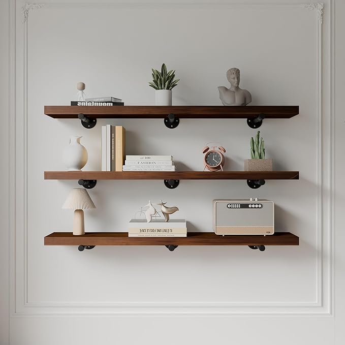IEO Floating Shelves for Wall Shelf 48 inches Long 11.8" Extra Width Farmhouse Bathroom Decor Bedroom Kitchen Shelves Living Room Wall Mounted Set of 3, Rustic Brown Soild Wood