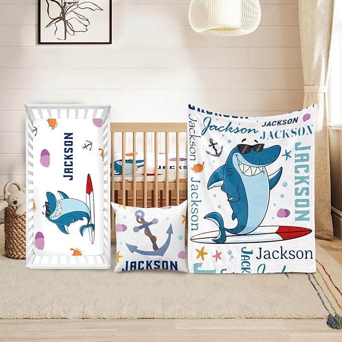 Custom Crib Bedding Set - Marine Animals Design Personalized Name Baby Nursery Bedding 3 Pcs Set - Chic Soft Blanket, Sheet, Pillowcase for Newborns Boys Girls Gifts Color19