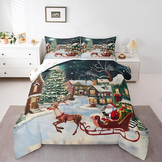 Feelyou Christmas Kids Comforter Set King Size Santa Claus Bedding Set Reindeer Sled Duvet Quilt for Kids Boys Girls Bedroom Xmas Tree Decor Microfiber Ultra Soft Breathable