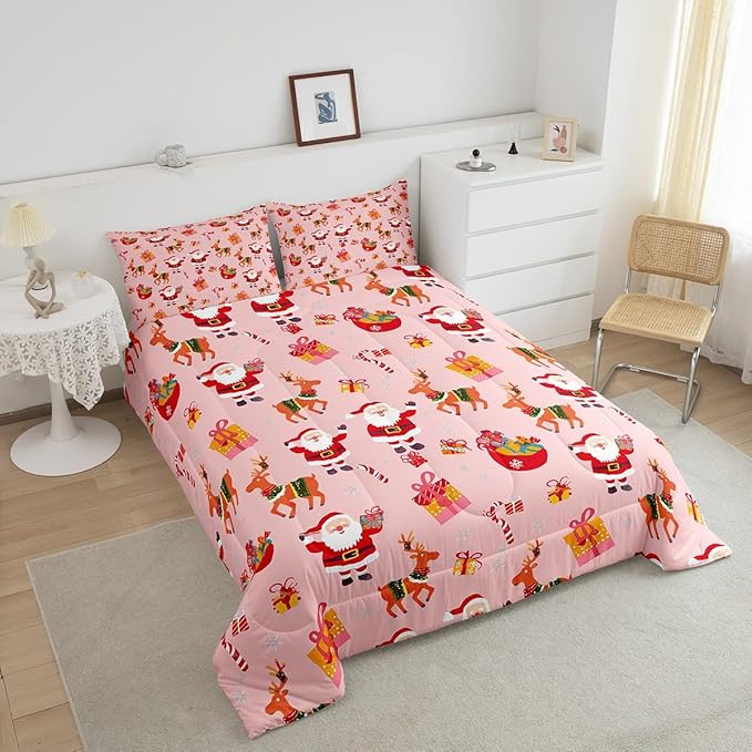 Feelyou Christmas Bedding Set for Kids Boys Girls Full Size Santa Claus Comforter Set Ultra Soft Xmas Deer Elk Decor Comforter Duvet Quilt Bedroom Decor Christmas Decor Quilt