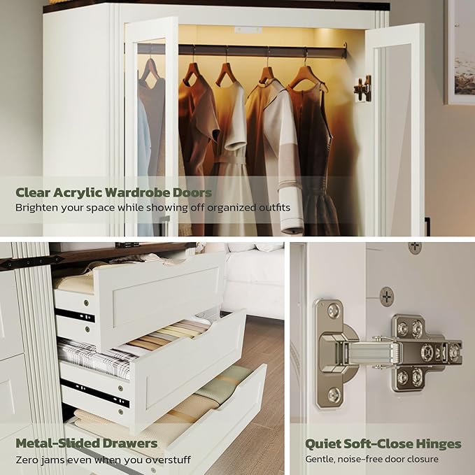 Concho 73'' Tall Farmhouse Armoire Wardrobe Closet with LED Light, Wood Wardrobe Closet Collection with 4 Doors 3 Drawers, Clothing Storage Cabinet with 4 Adjustable Shelves, Antique White