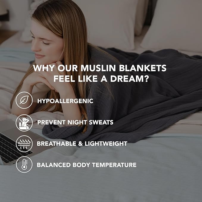 Goqan Muslin Blanket Twin 55x79 – 100% Cotton 4 Layer Boho Muslin Blanket for Adults, Lightweight, Soft, Breathable - Dark Grey