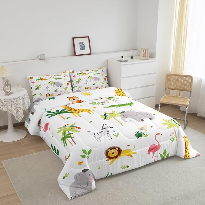 Feelyou Kids Safari Animal Bedding Set Twin, Nursery Baby Boy Cartoon Lion Jungle Comforter Set Woodland Forest Wildlife Comforter for Kids Boys Girls Kawaii Flamingo Duvet Set 2Pcs