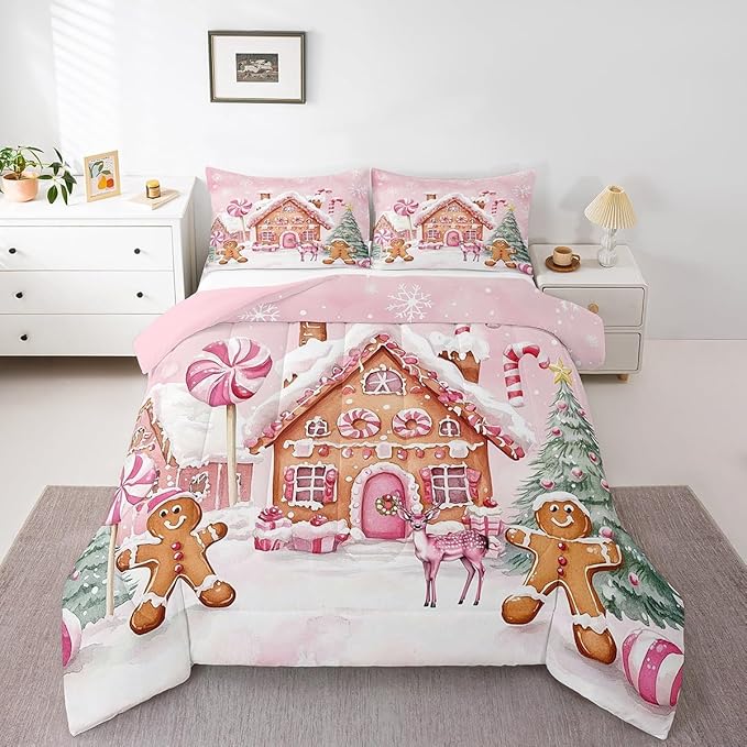 Gingerbread House Kids Comforter Set King Size,Gingerbread Man Xmas Tree Cabin Deer Bedding Set,Girls Women Room Decor,Christmas Snowflake Down Comforter,Pink Brown Duvet Insert,2 Pillowcases