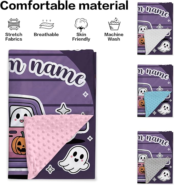 Personalized Halloween Blanket for Baby Girls, Custom Baby Blanket with Name, Ghost Truck Pattern Soft Minky Dot Blanket, Halloween Decor Christmas Birthday Gifts for Kids Toddlers