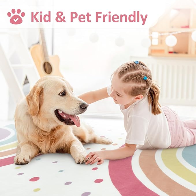 STARUIA Washable Rainbow Rug for Girl Nursery, Small Rug 3X 5 Colorful Area Rugs for Kids Bedroom, Non-Slip Soft Polka Dot Carpet Kids Rugs for Classroom Playroom Tent Castle