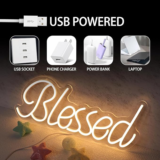 Blessed Neon Sign for Wall Decor Led Neon Lights for Teen Bedroom Decor Art Light Up Letters Blessed Neon Neon Signs for All Party Room Decorations 21.7x8.3 Inch (warm white)