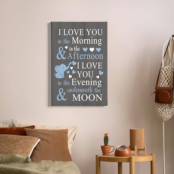 HIWX Baby Elephant Nursery Decor, I Love You In The Morning Sign Framed Canvas Painting Wall Art Decor, Elephant Wall Art, Baby Wall Art Home Decoration For Room Bedroom 14x16