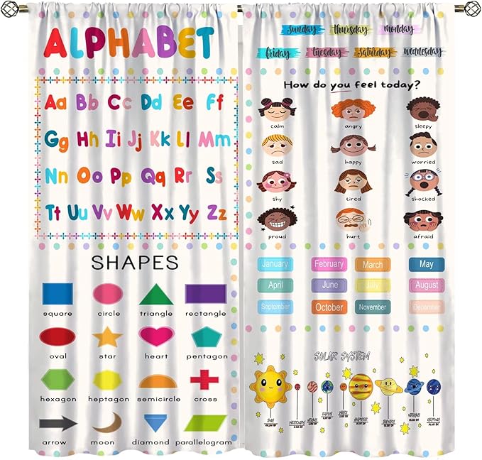 Kids Educational Alphabet Cartoon Curtain Solar System Shapes Cute Knowledge Printed Rod Pocket Blackout Window Drapes for Todders Nursery Baby Bedroom Living Room 42" W X 45" L
