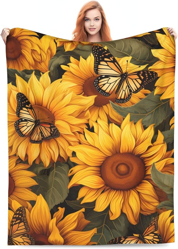 Sunflower Butterfly Blanket Gifts for Girls Women Floral Flannel Throw Blankets for Home Couch Bed Sofa Soft Fuzzy Lightweight Decor All Season 50x40 Inches