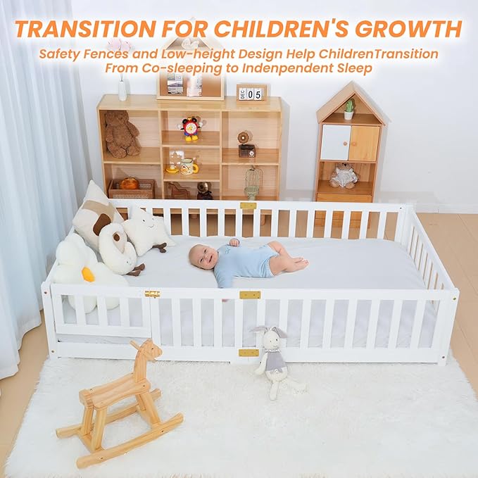 NAIZEA Twin Floor Bed for Kids-Twin Montessori Bed Frame with Wood Slats and Door and Slats, Wood Toddler Floor Beds for Girls and Boys