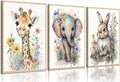 3Pcs Baby Watercolor Safari Animals Nursery Canvas Wall Art Cute Jungle Animals with Wildflower Picture Posters Wall Decor Giraffe Elephant Rabbit Painting Print Artwork for Kids Children Room 16x24in