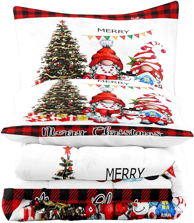 LUVIVIHOME 2PCS Merry Christmas Comforter Set Twin Size, Funny Cute Gnome Bedding, Red & Black Plaid Snowflake Snowman Xmas Christmas Bedroom Decor for Kids Girls Boys Teens White Quilt, 1 Pillow Case