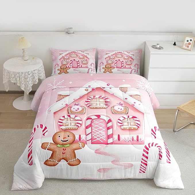 Feelyou Gingerbread Man Comforter Set Twin Size Gingerbread House Bedding Set for Kids Boys Girls Candy Canes Duvet Quilt Pink Christmas Scheme Bedroom Decor Snowflake 2 Pcs with 1 Pillow Cases