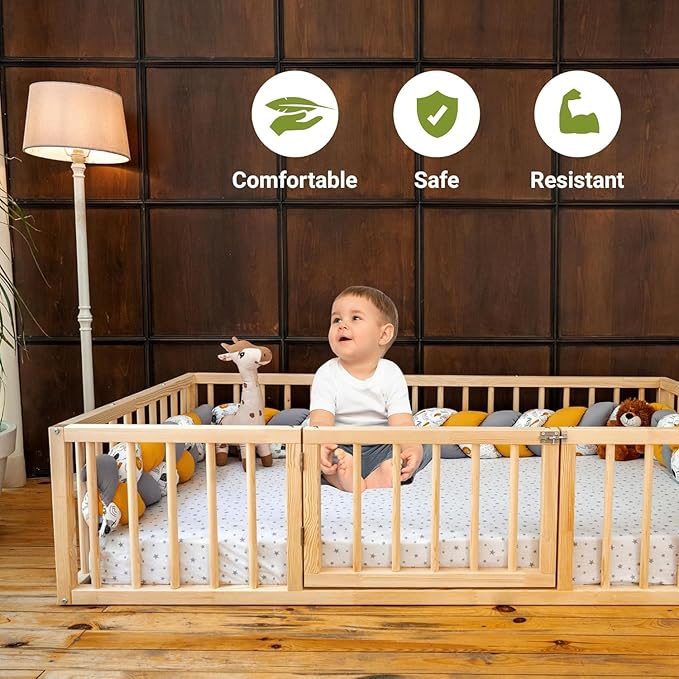 Montessori Floor Bed with Door On The Right Side for Toddler | Pine Wood Natural Solid Frame Beds | Sturdy Modern Design Floor Bed Frame for Boy and Girls (King, Height: 19 Inches)