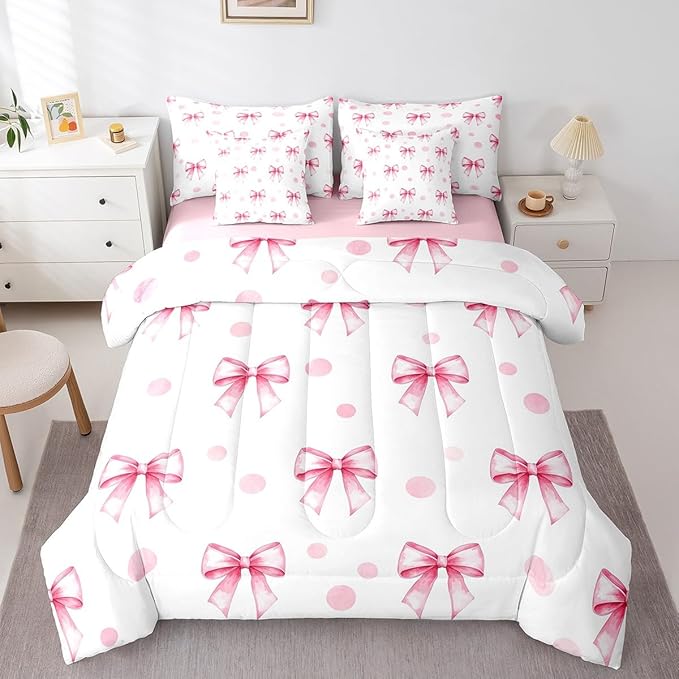 7 Pieces Pink Bow Princess Comforter Full,Bowknot Geometric Dots Toddler Bedding Set,Butterfly Knot Bow Tie Romantic White Simple（Comforter+Fitted+Flat Sheet+2 Pillowcases+2 Throw Pillow Covers）
