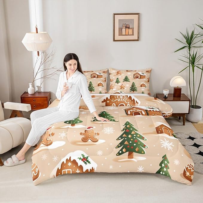 Feelyou Christmas Bedding Set Soft for Boys Girls, Gingerbread Man Comforter Set King Size Snowflake Duvet Quilt Microfiber Xmas Tree Bedroom Decor 3 Pcs with 2 Pillow Cases
