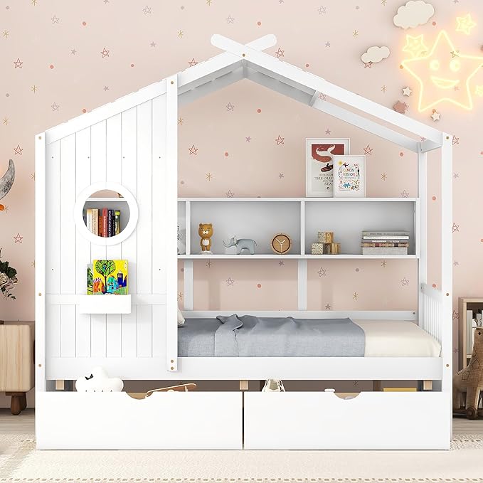 Harper & Bright Designs Full Size Modern House Bed with Roof, Wooden Twin Size House Bed with 2 Drawers and Storage Shelf, Gray