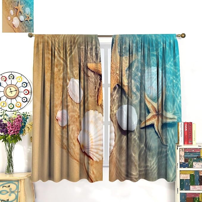 Beach Curtain for Bathroom Decor，Sea Turtle Starfish Seashell Nautical Ocean Coastal Scenery Art Printed Fabric Polyester Waterproof Set 2 Panels,63x63 Inches