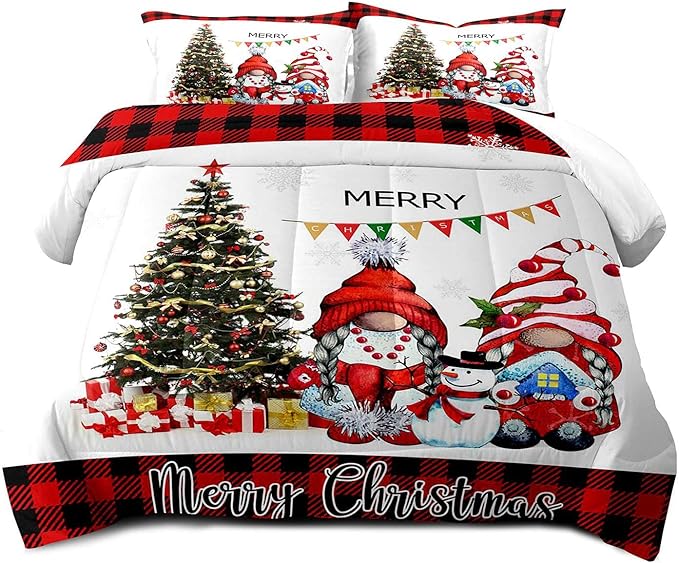 LUVIVIHOME 3PCS Merry Christmas Comforter Set Full Size, Funny Gnome Bedding, Red & Black Plaid Snowflake Snowman Xmas Christmas Bedroom Decor for Kids Girls Boys Teens, White Quilt, 2 Pillow Cases