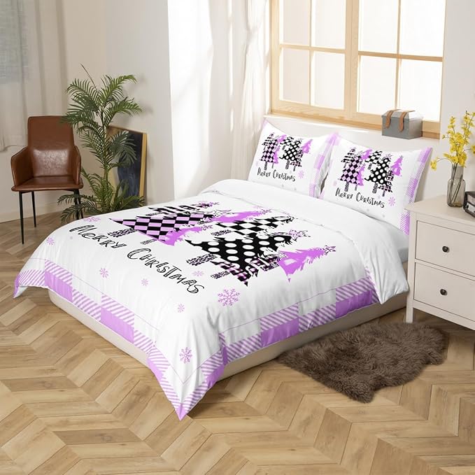 Manfei Xmas Trees Duvet Cover Set Queen Size, Purple Plaid Grid Snowflake Bedding Set for Kids Girls Room Decor, Christmas Theme Comforter Cover New Year Quilt Cover with 2 Pillowcases, No Comforter