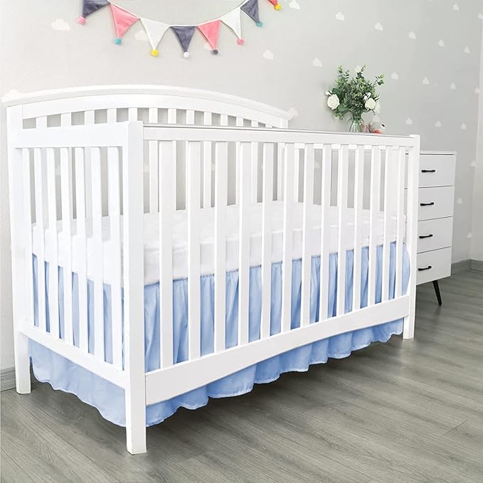 100% Egyptian Cotton, Nursery Crib Toddler (24" x 38" + 10") 800 Thread Count Crib Skirt Dust Ruffle, Bedding Skirts for Baby Boys or Girls, 10" Drop, Light Blue Solid