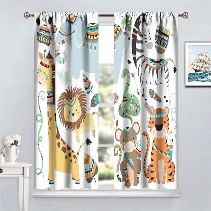 Jungle Tribal Animals Curtains, Southwest Aztec Cartoon Funny Zoo Animals Giraffe Lion Elephant Zebra Tiger Print Thermal Insulation Window Drapes for Kids Boys Girls Bedroom Living Room 72x63in