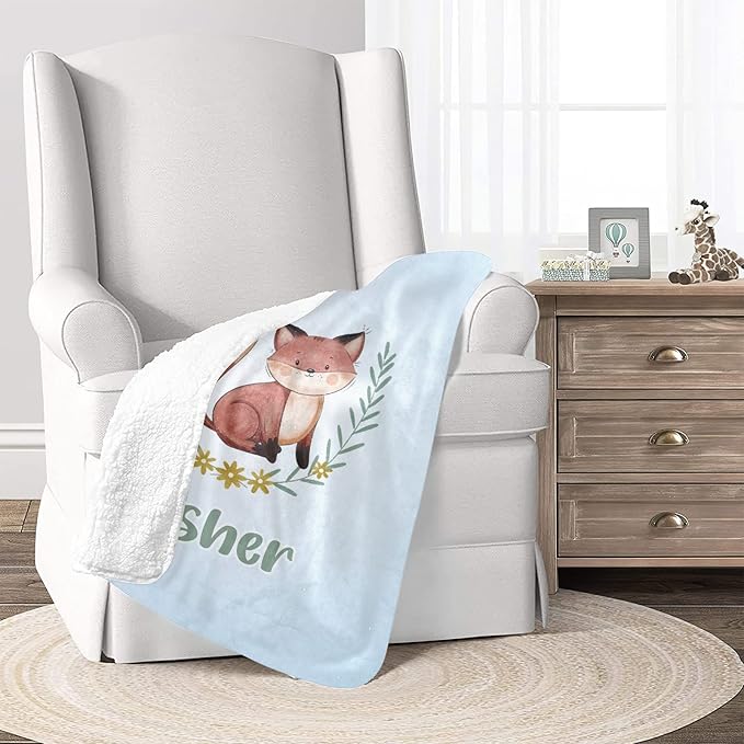 Cute Fox Blue Personalized Receiving Sherpa Fleece Baby Blankets for Girls Boys Kids, Swaddle Blankets Gift for Newborn Crib Infants 30x40 Inches