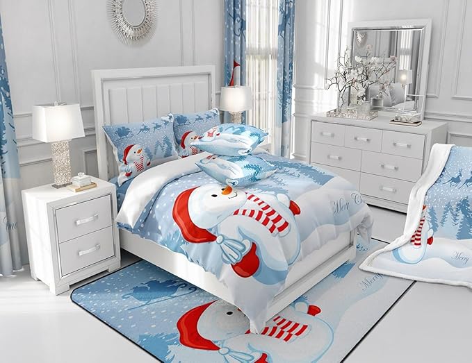 Manfei Snowman Comforter Set Twin Size, Xmas Deer Trees Print Quilt Set with 1 Pillowcase, Winter Snowflake Merry Christmas Bedding Set 2pcs for Kids Boys Girls Bedroom Decor